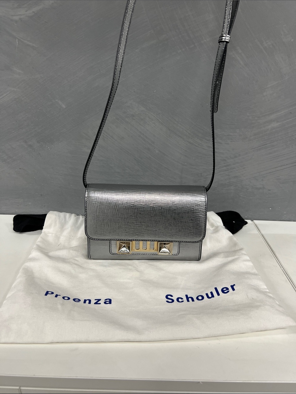 Proenza Schouler Silver Leather Crossbody with Pyramid Studs